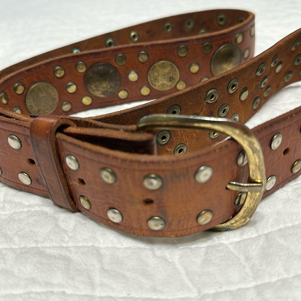 Brown Leather Gold Studded Embellished with faux coins Women's Belt Medium